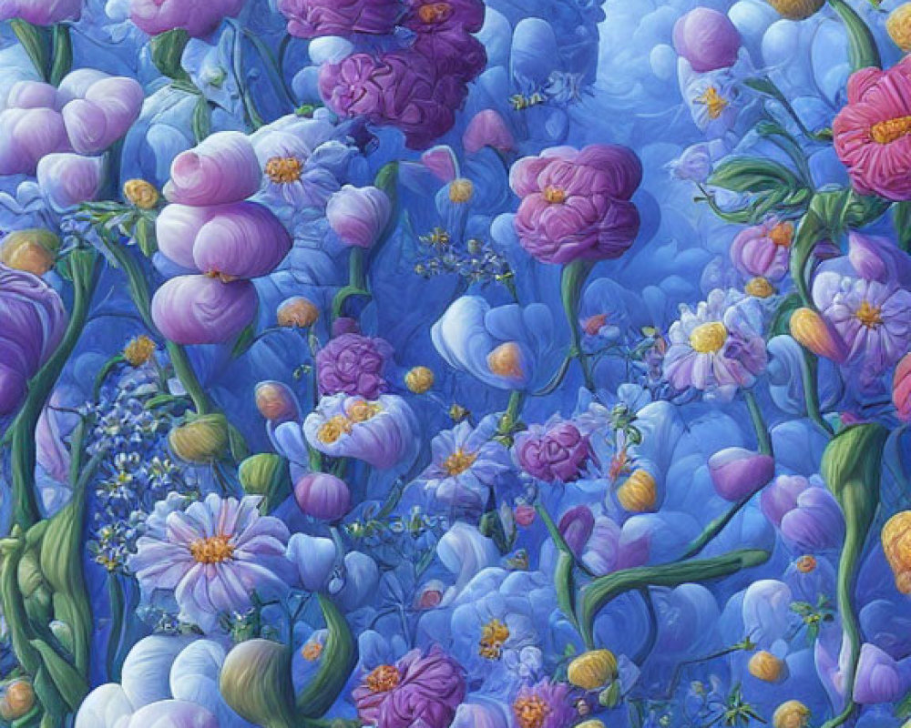 Colorful floral painting with blue and pink flowers on a soft blue backdrop