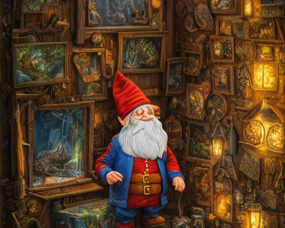 Detailed Room with Gnome in Red Hat and Whimsical Artifacts