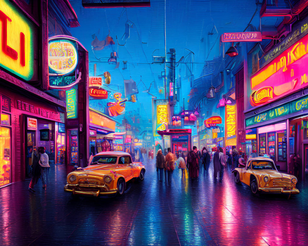 Neon-lit night street scene with classic cars and people