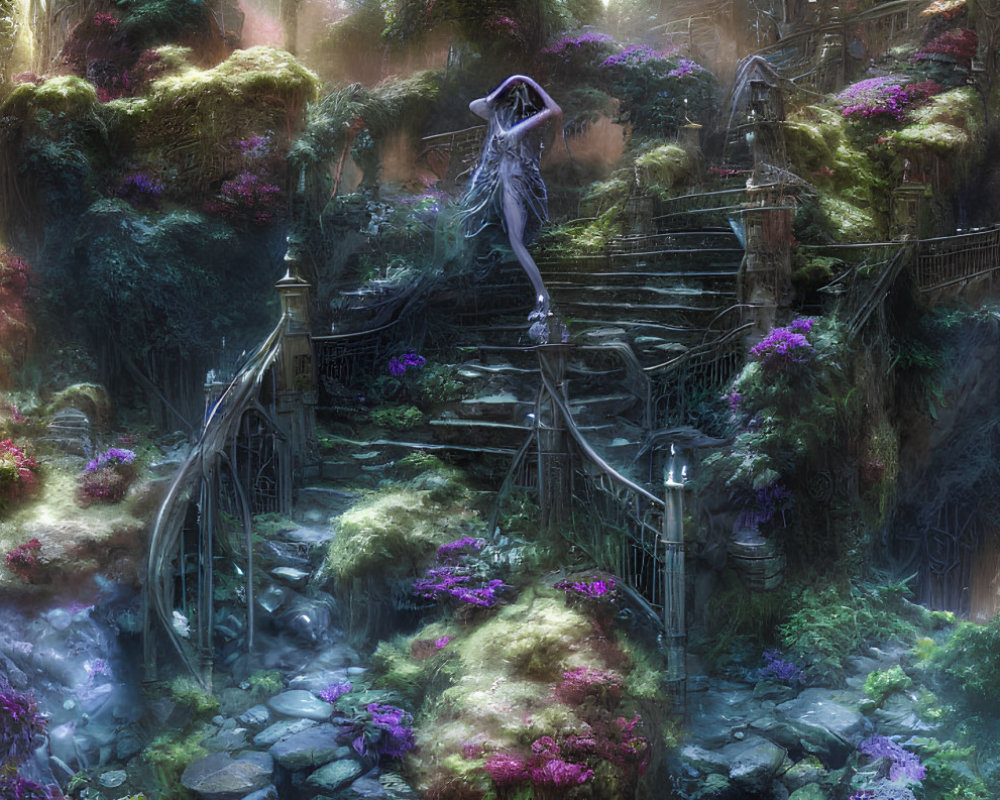 Enchanting forest scene with staircase, vibrant flora, ethereal light, and ghostly figure