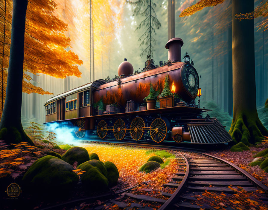 Vintage Steam Locomotive in Fantastical Autumn Forest With Glowing Blue Lights