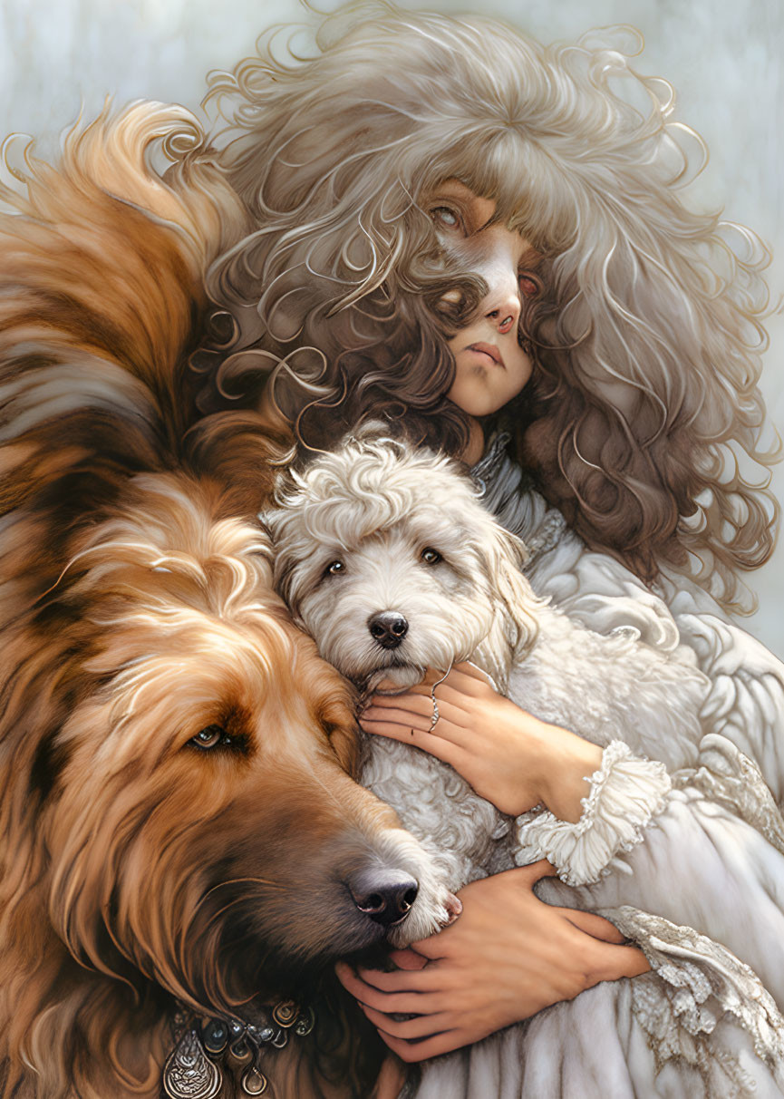 Woman with curly hair cuddles golden dog and white puppy in frilly outfit