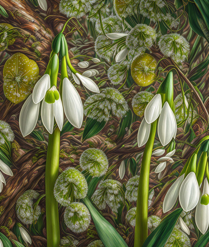 Detailed Illustration of White Snowdrop Flowers and Green Leaves Among Intricate Foliage and Tree Bark