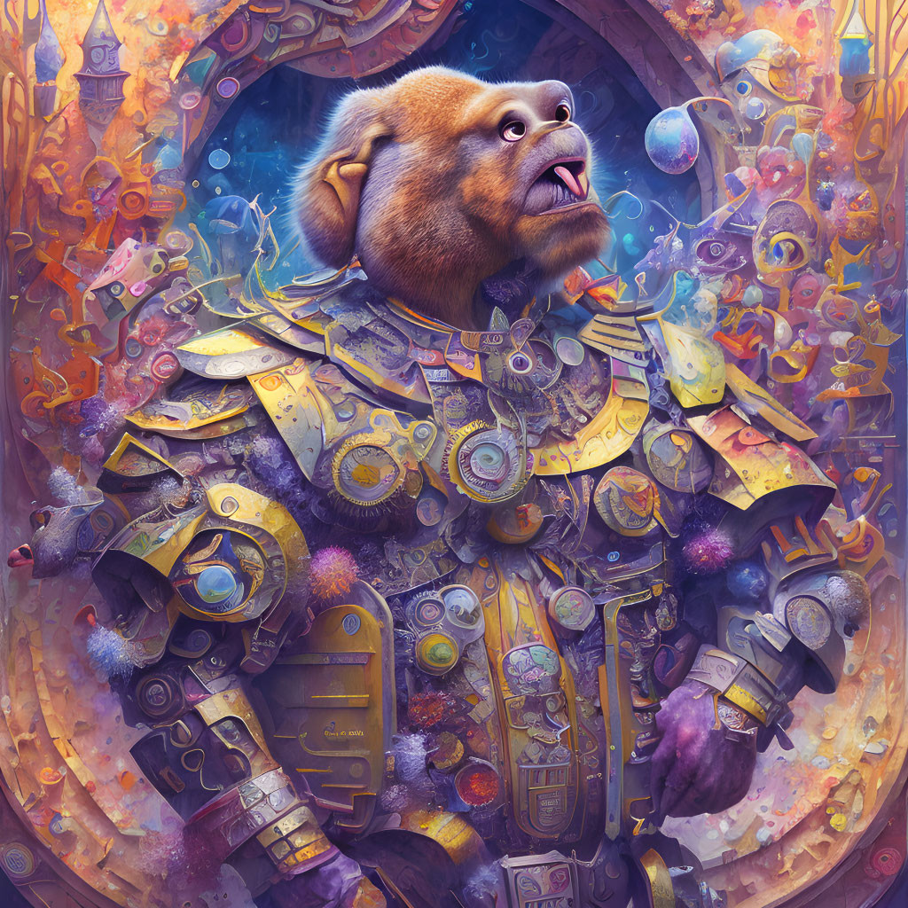 Armored dog in golden mechanical suit on surreal background