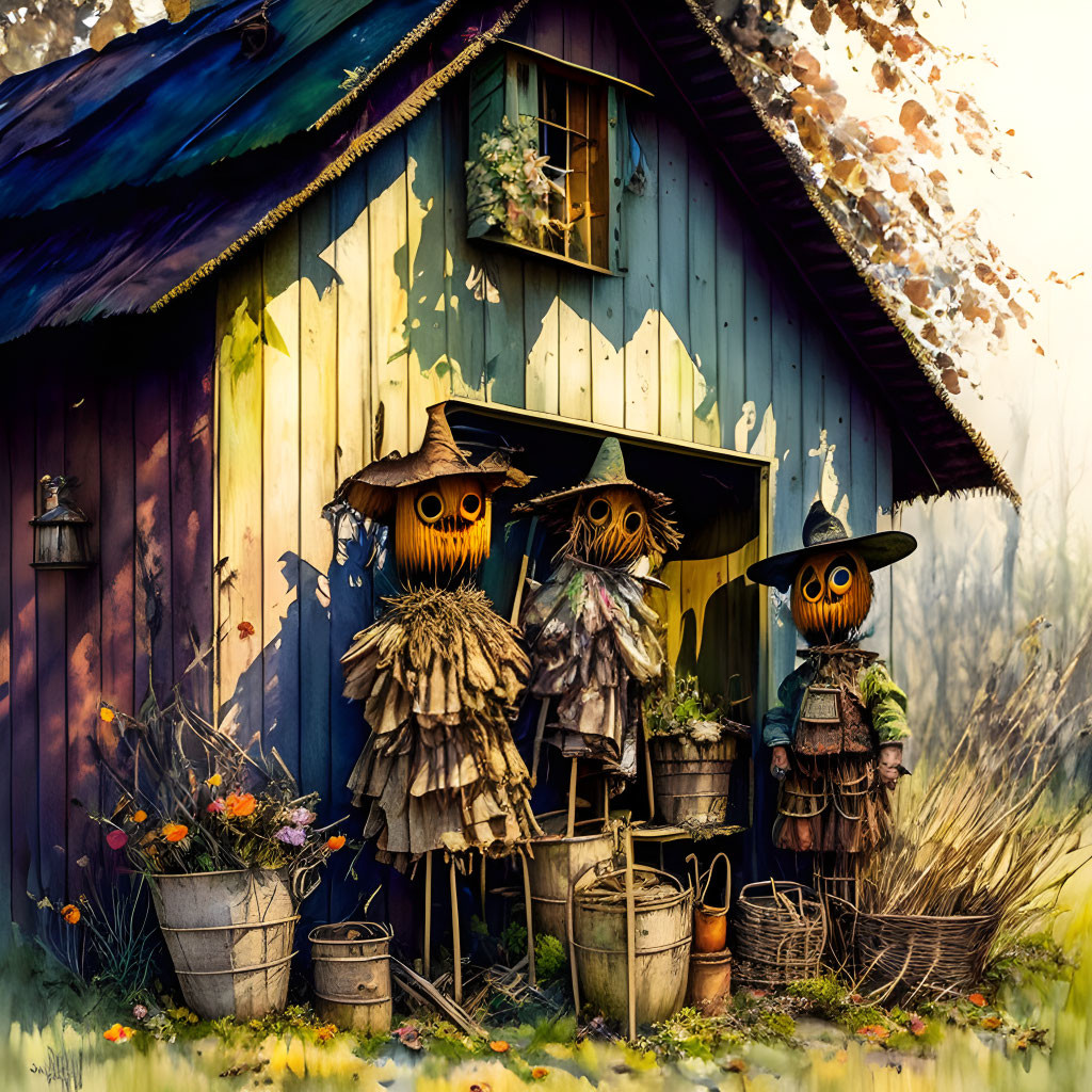 Whimsical scarecrows with pumpkin heads in front of colorful cottage