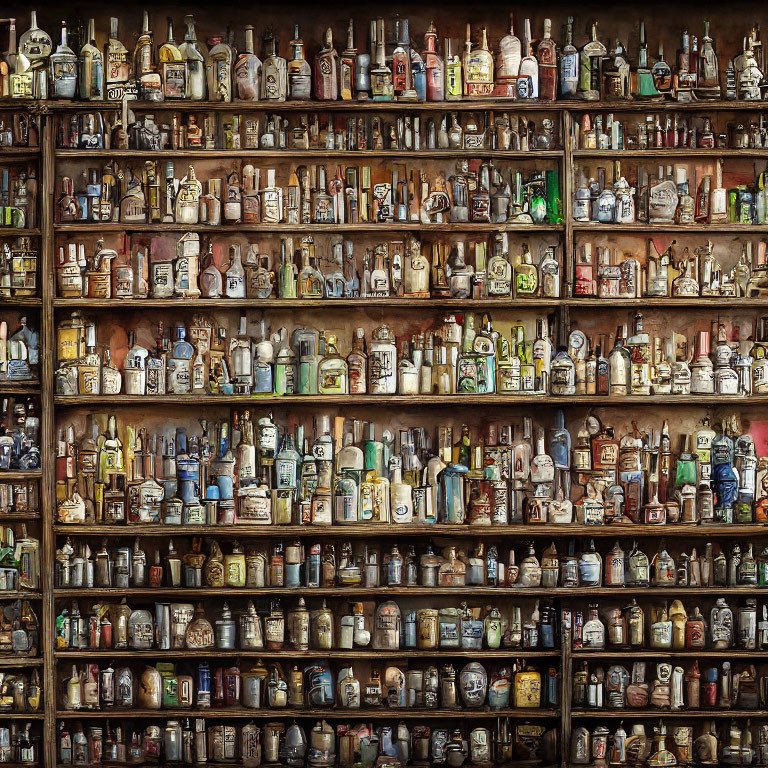 Diverse Collection of Unique Liquor Bottles on Wooden Shelves