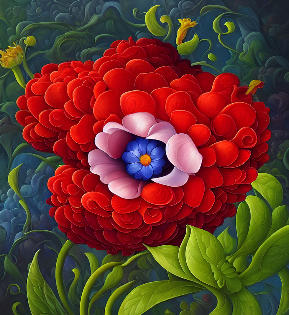 Colorful Illustration of Large Red Flower with Layered Petals on Green Background