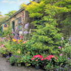 Lush garden with colorful vegetation, curvy trees, cobblestone path & round door embedded in