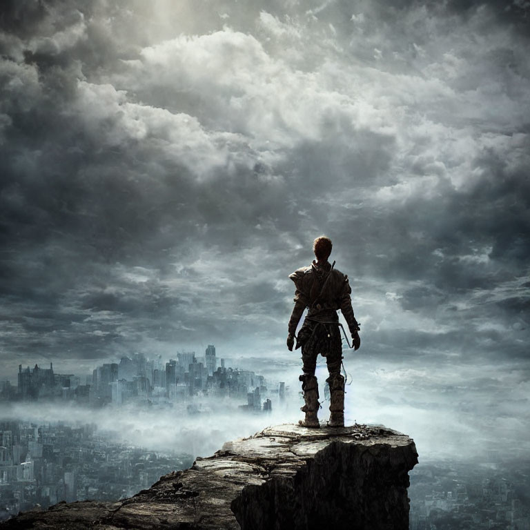 Armored figure on cliff gazes at city under dramatic sky