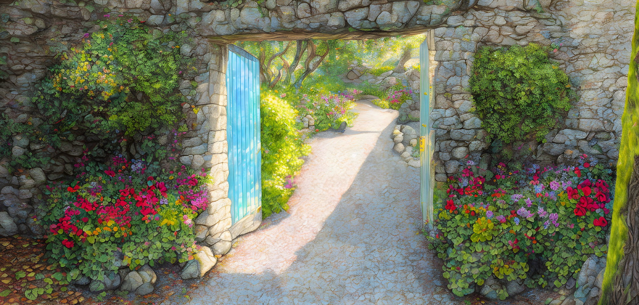 Blue gate opens to sunny garden path with colorful flowers and stone wall