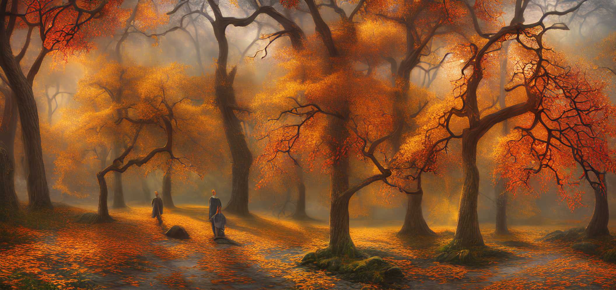 Mystical autumn forest with towering red-leafed trees and lone figure