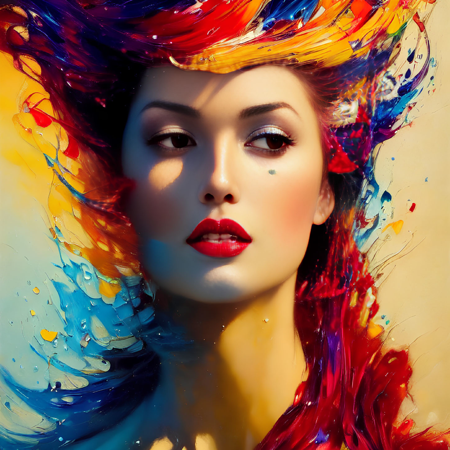 Colorful digital artwork: Woman with vibrant paint-like hair