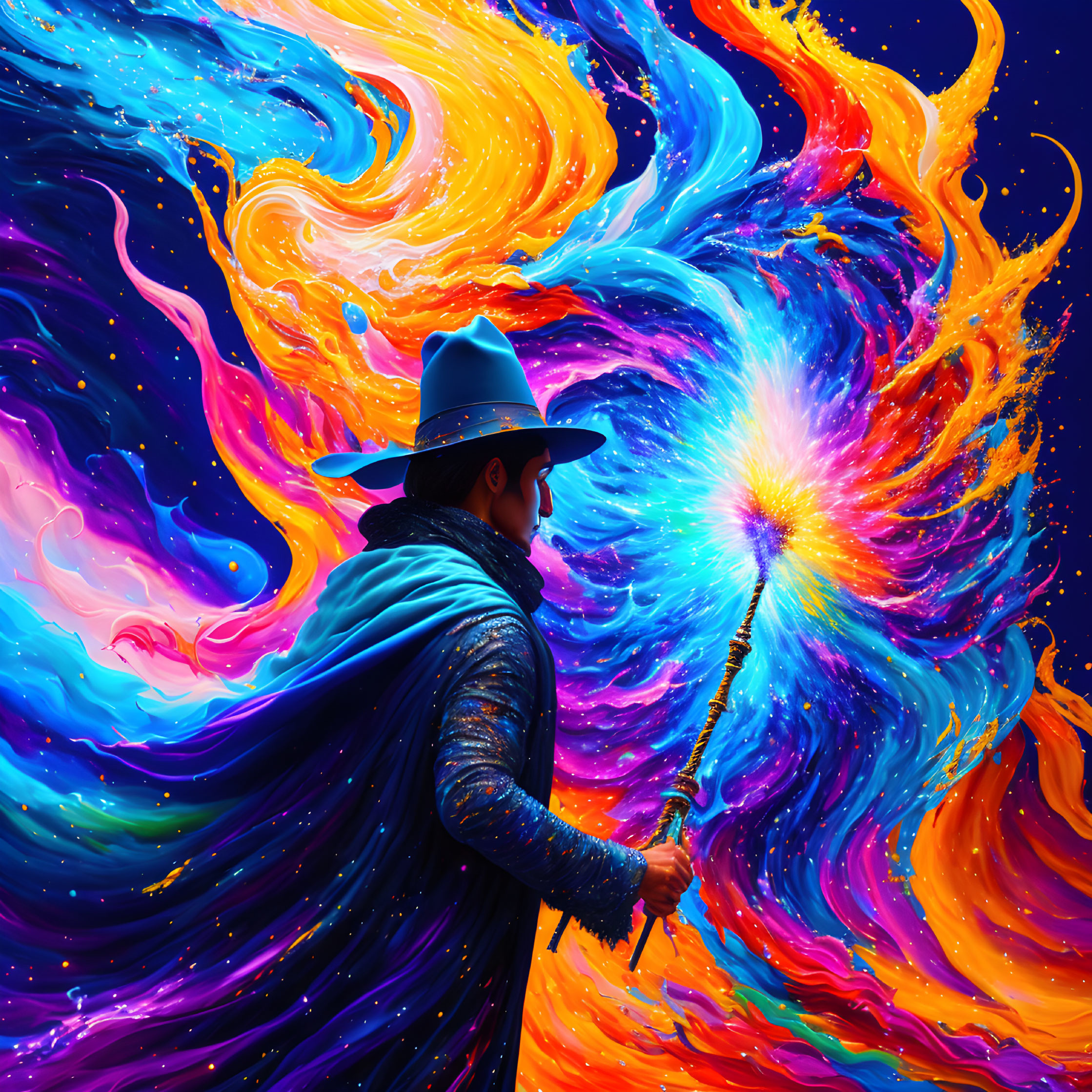 Person in blue hat and cape with wand creates cosmic rainbow swirl