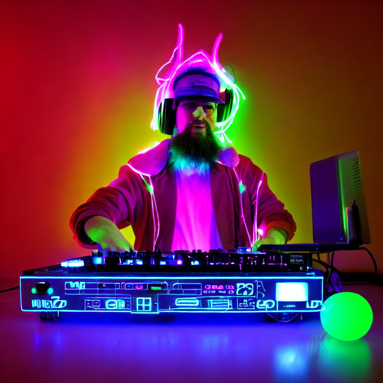 Neon DJ with headphones and glasses mixing under colorful lights