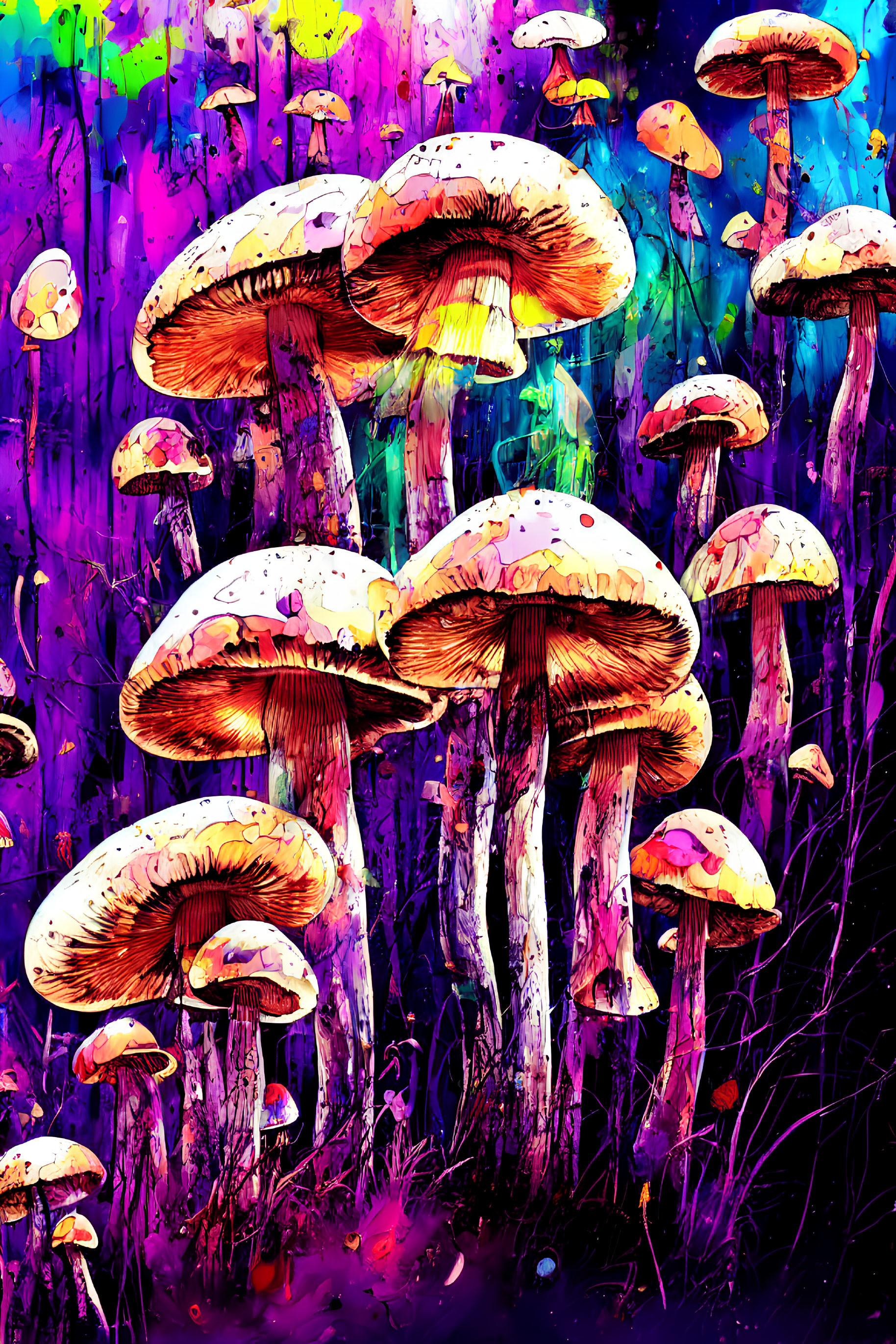 Colorful Mushroom Illustration in Psychedelic Forest Setting