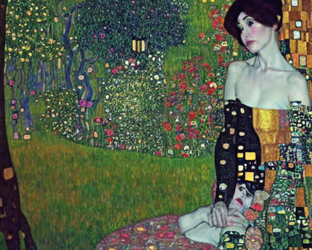 Colorful painting of woman in patterned dress reclining in flower-filled meadow with night cityscape