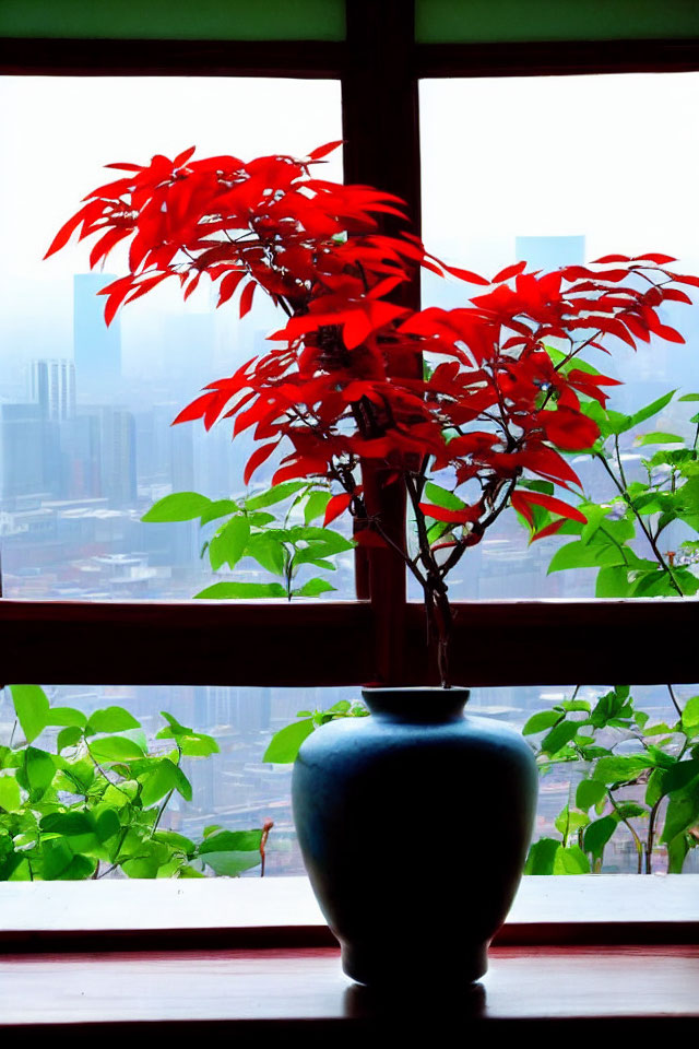 Colorful plant in blue vase by window with city skyline.