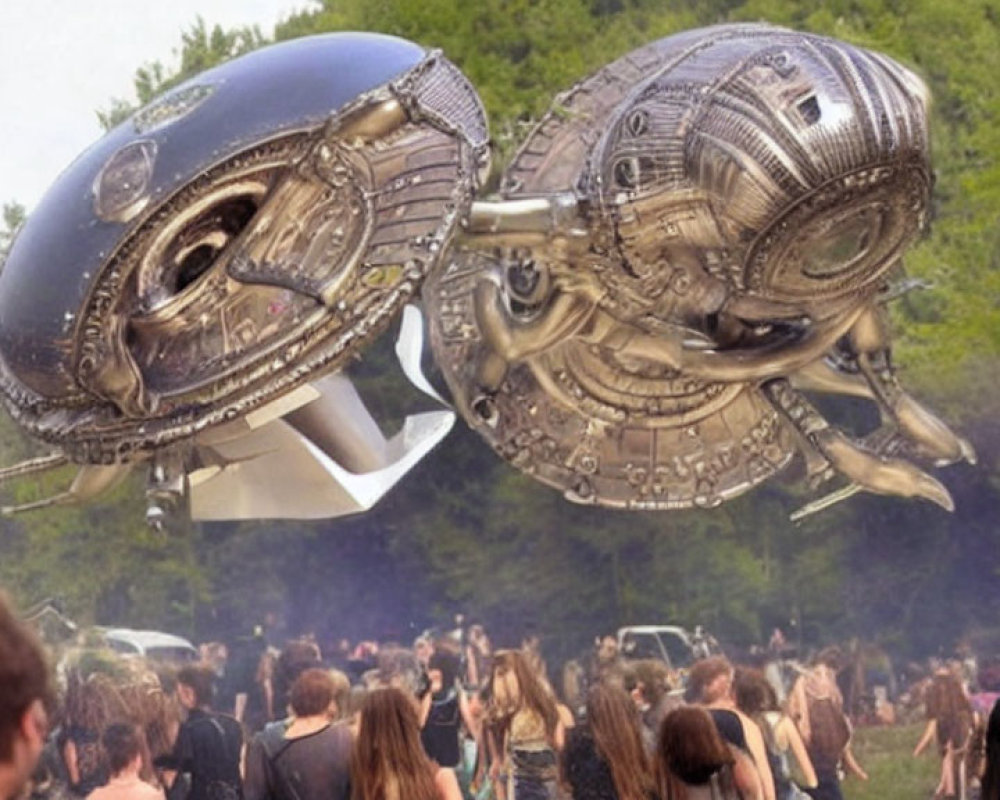 Large UFO hovers above outdoor crowd with detailed sci-fi element