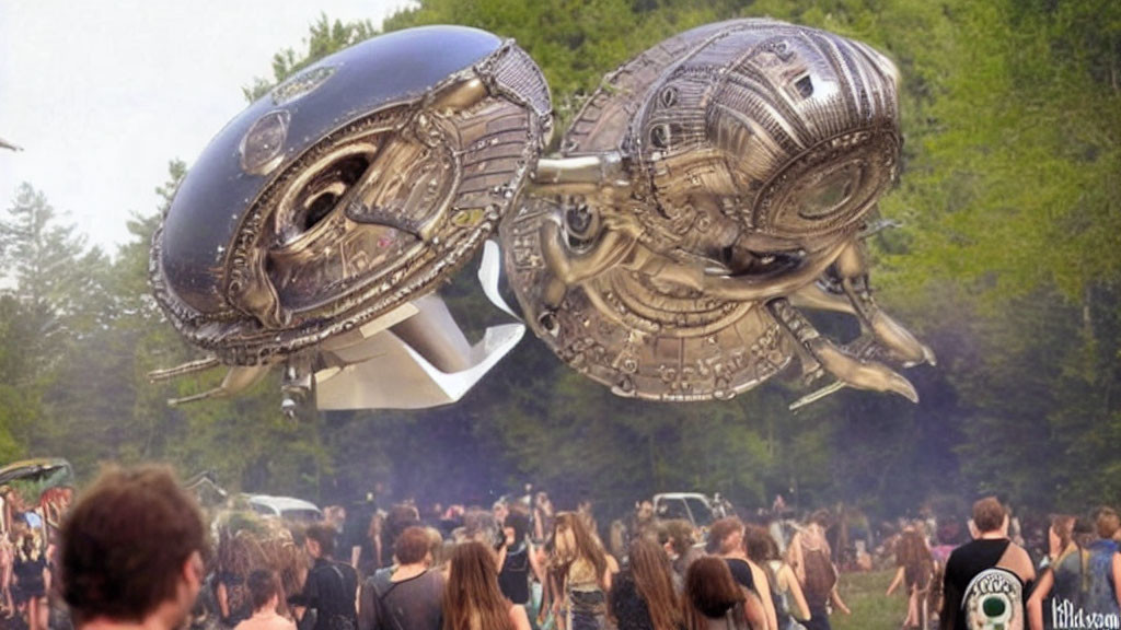 Large UFO hovers above outdoor crowd with detailed sci-fi element