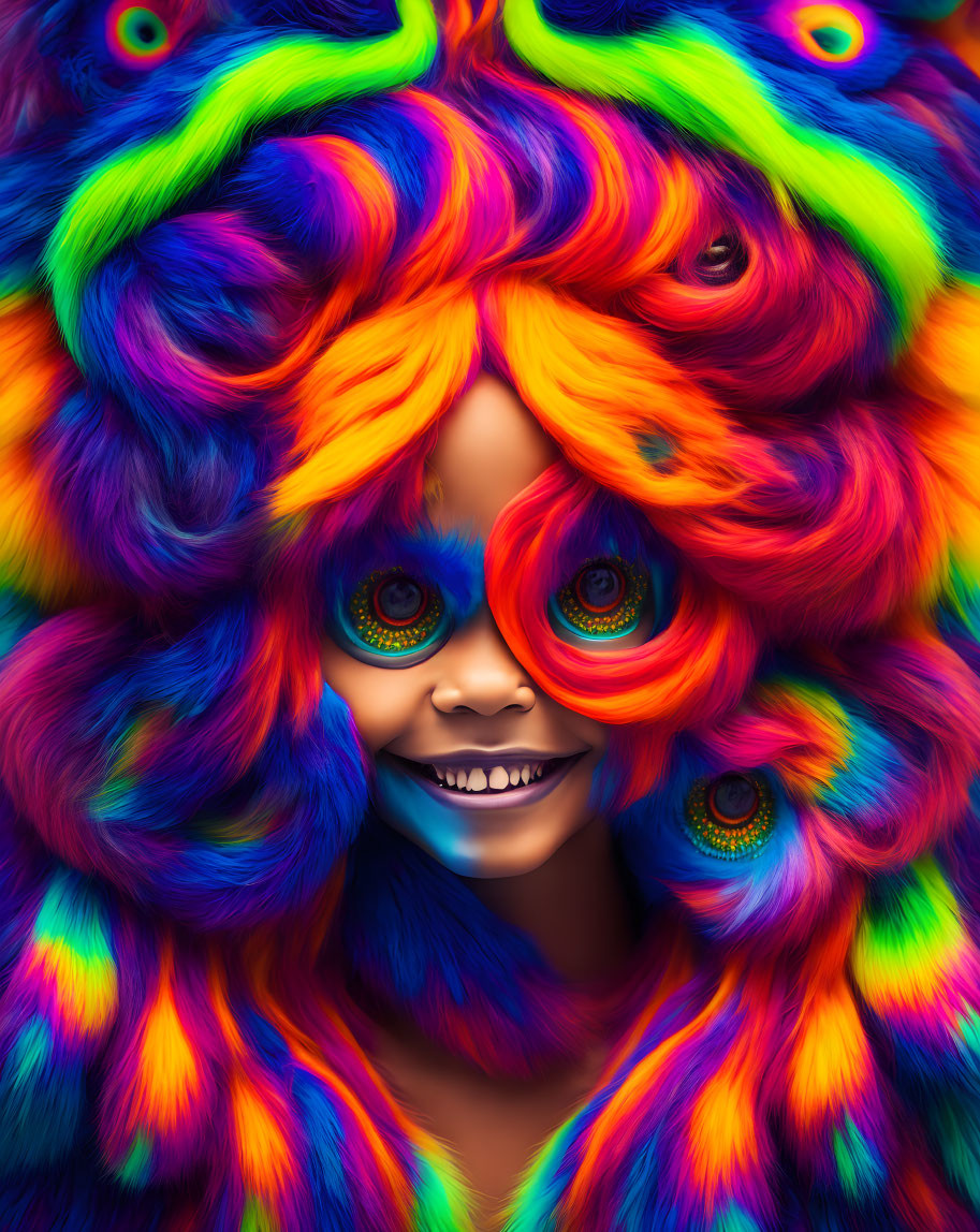 Colorful digital artwork: Smiling face in rainbow fur with peacock feather patterns