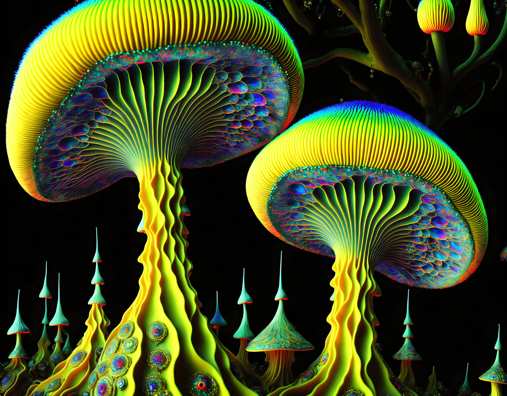 Colorful Psychedelic Digital Art: Intricate Mushroom Structures