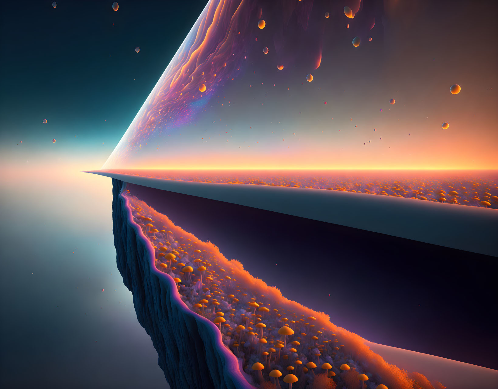 Surreal landscape: glowing orange horizon, floating cliff, orb-like elements