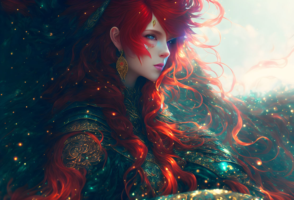 Vibrant Red-Haired Woman with Gold Jewelry in Mystical Setting