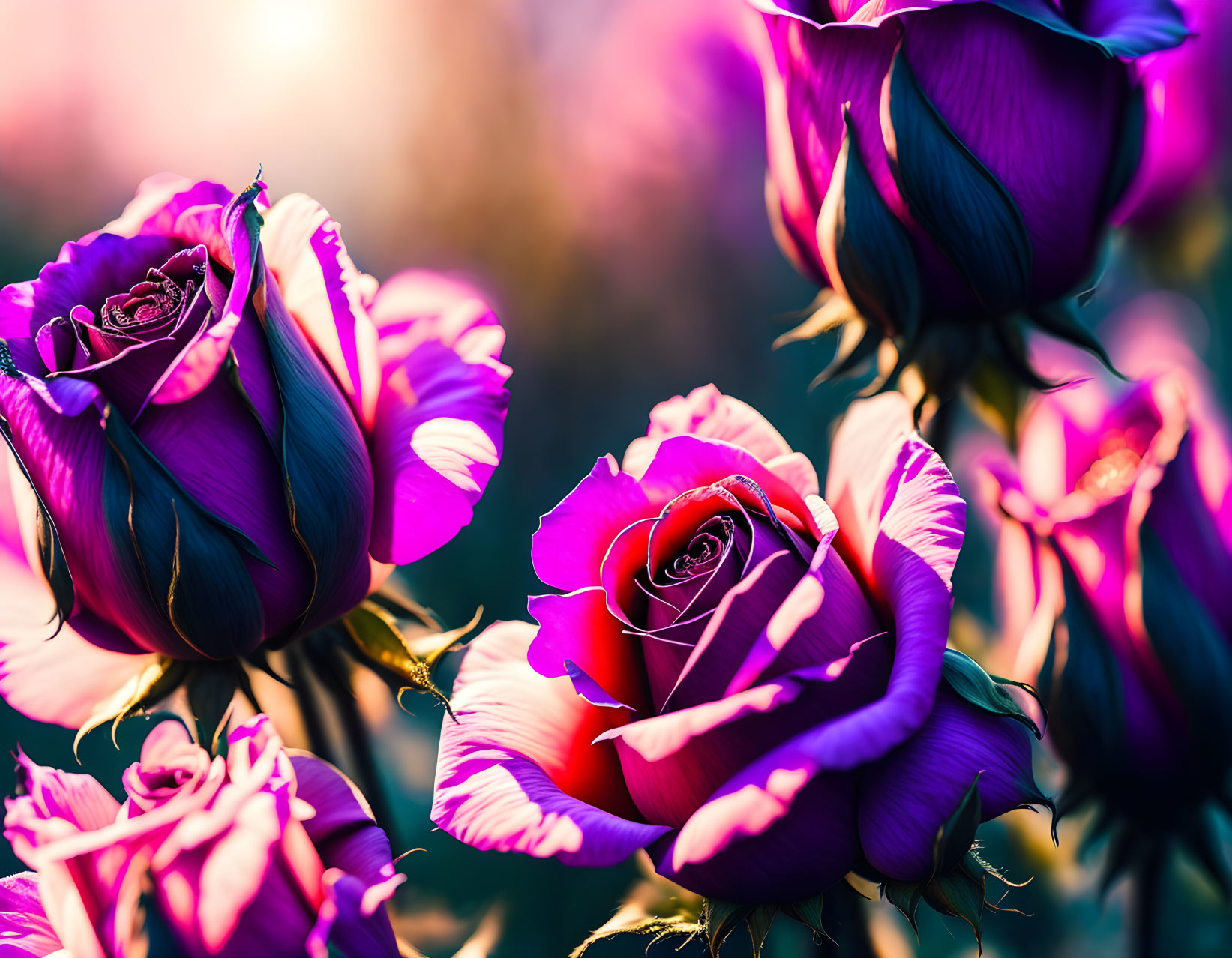 Beautiful Purple and Pink Roses in Soft Sunlight