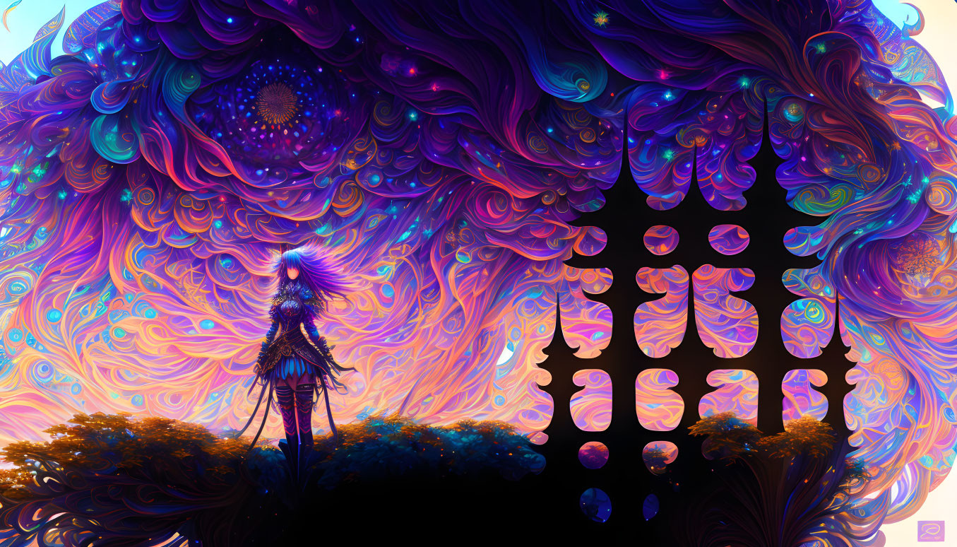 Colorful surreal landscape with galaxy-like tree and silhouette person.