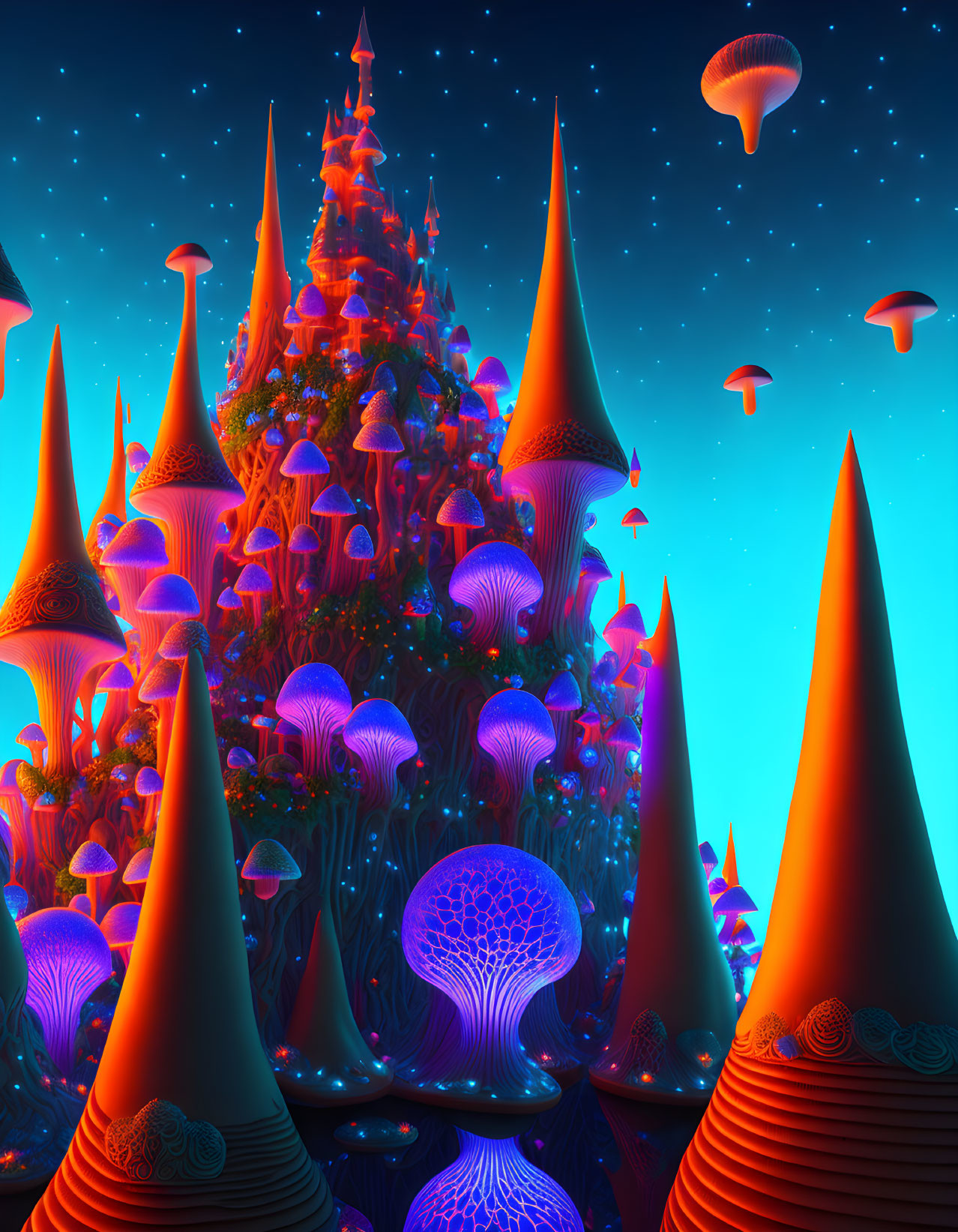 Fantastical mushroom forest with castle under starry sky