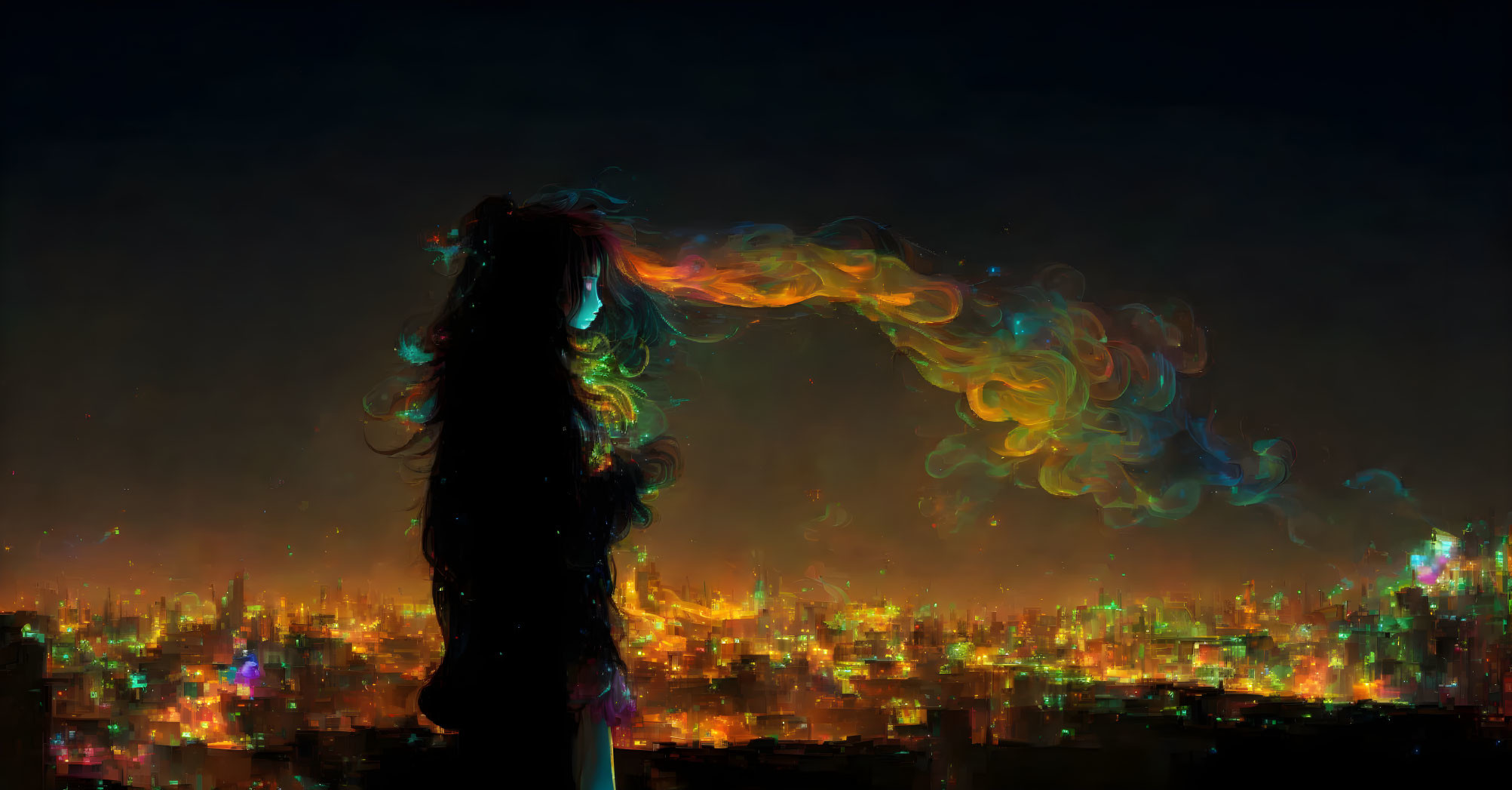 Colorful Hair Woman Silhouette in Night Cityscape