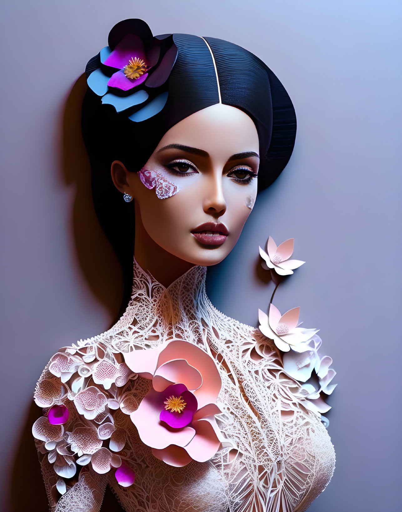 Elaborate paper flowers in woman's hair with intricate lace attire and bejeweled facial adorn