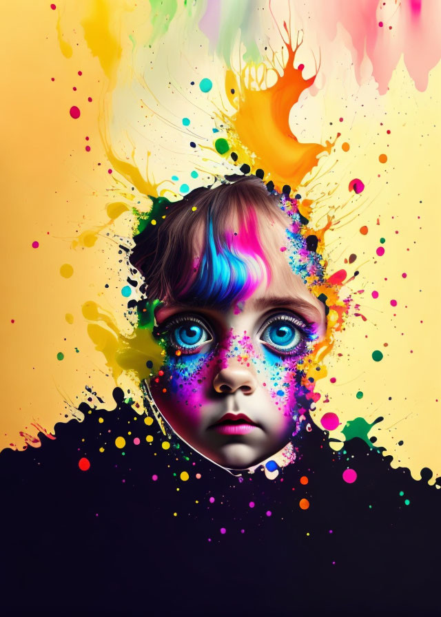 Colorful artwork of child's face with blue eyes and paint splatters