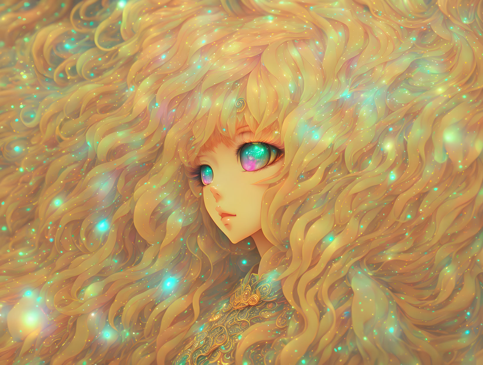 Anime-style character with golden hair and turquoise eyes illustration