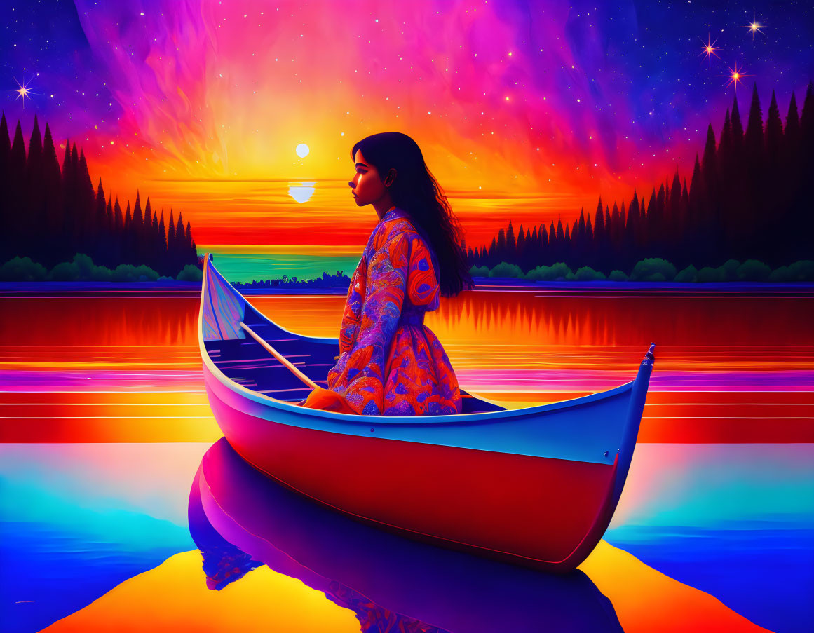 Woman in Canoe on Vibrant Multicolored Lake at Sunset