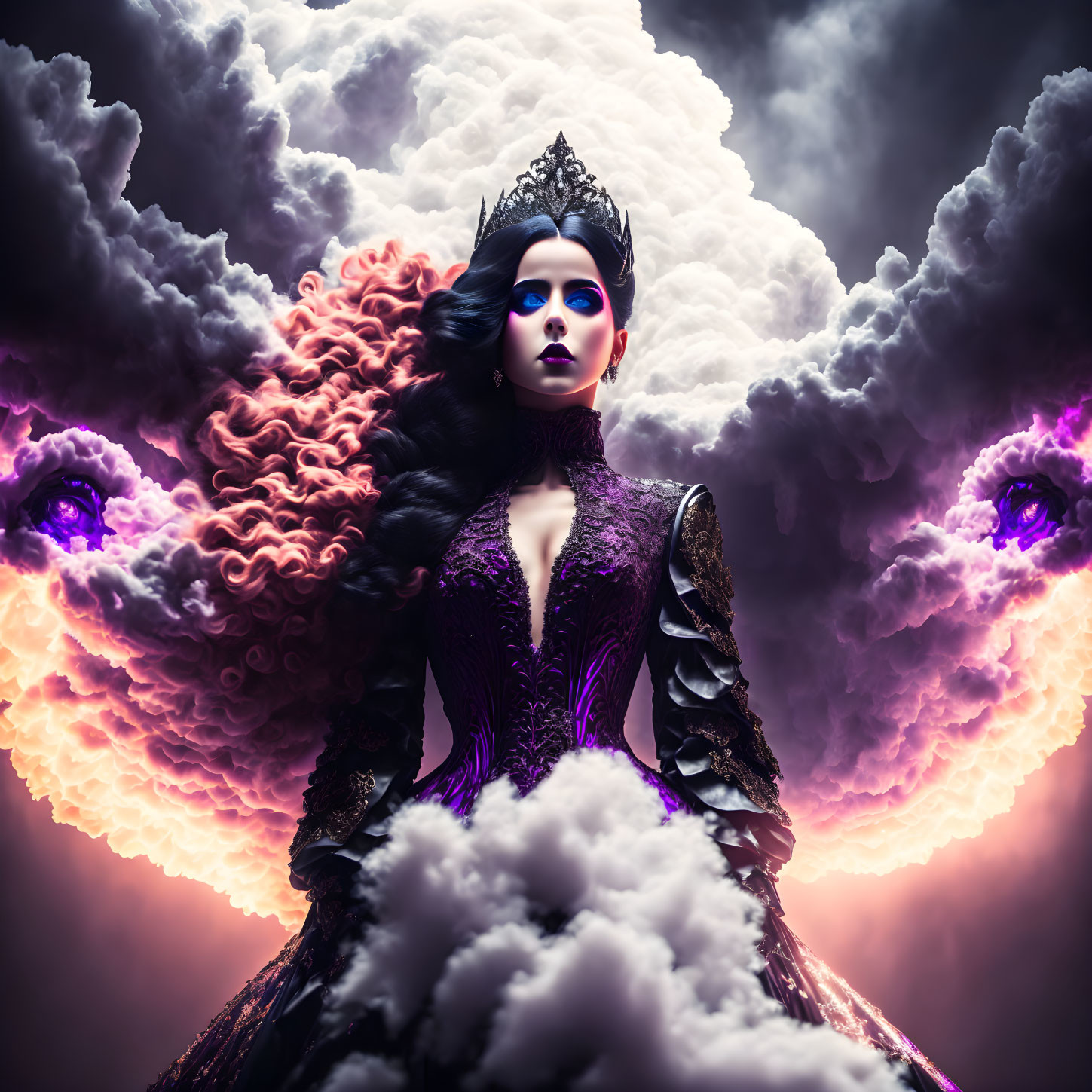 Regal figure in dark gown and crown with purple and orange clouds