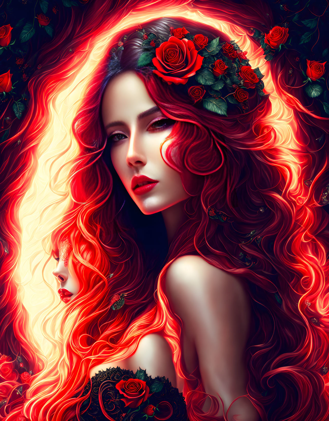 Vibrant artwork: Woman with flowing red hair and roses on dark, floral backdrop