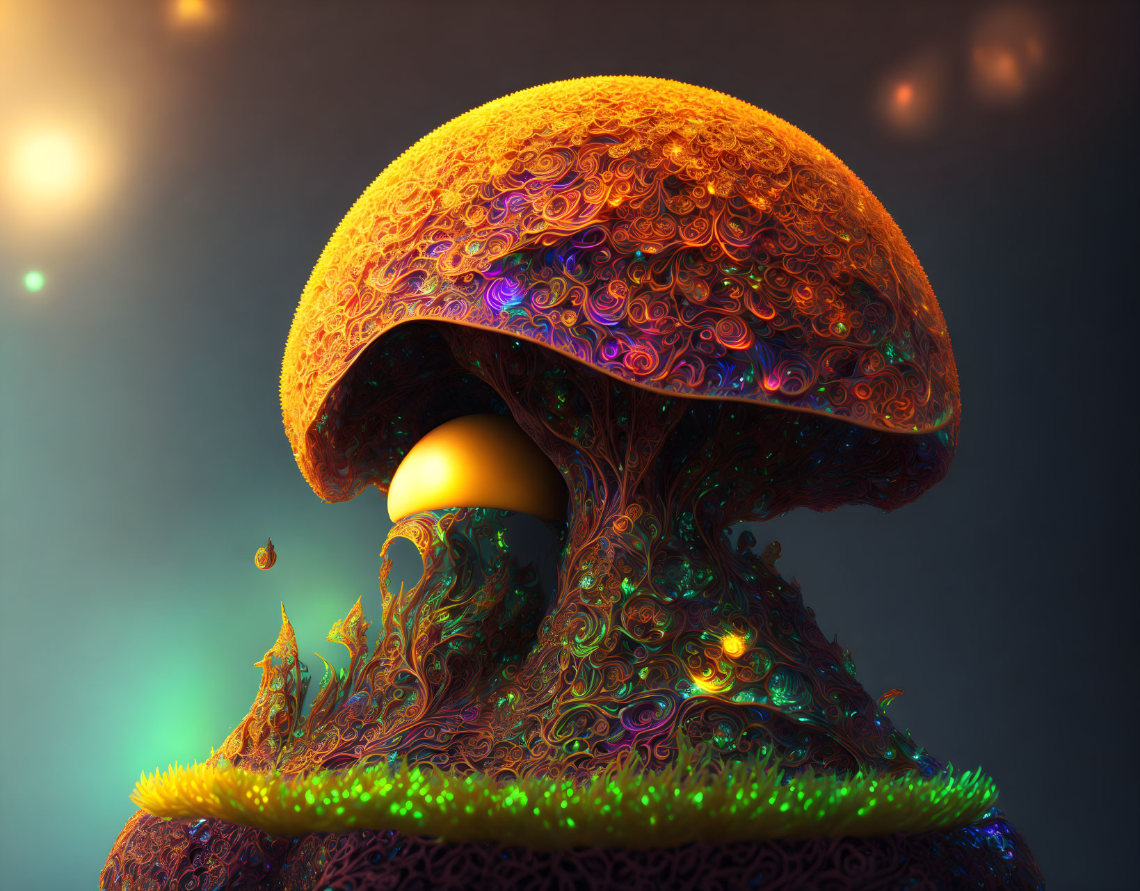 Colorful fractal mushroom artwork with glowing patterns and light orbs on dark background