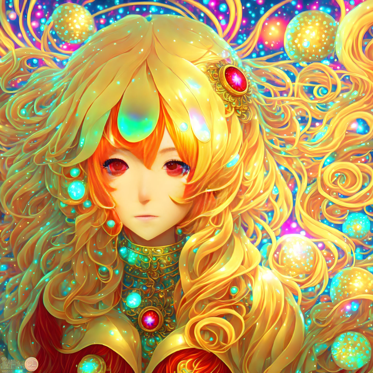 Character with Golden Hair and Gemstone Ornaments in Cosmic Background