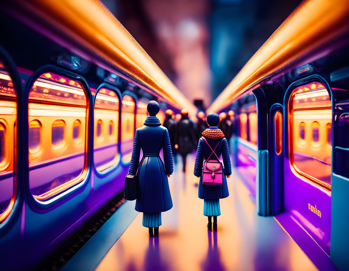 Futuristic train station with neon lights and figures walking towards train