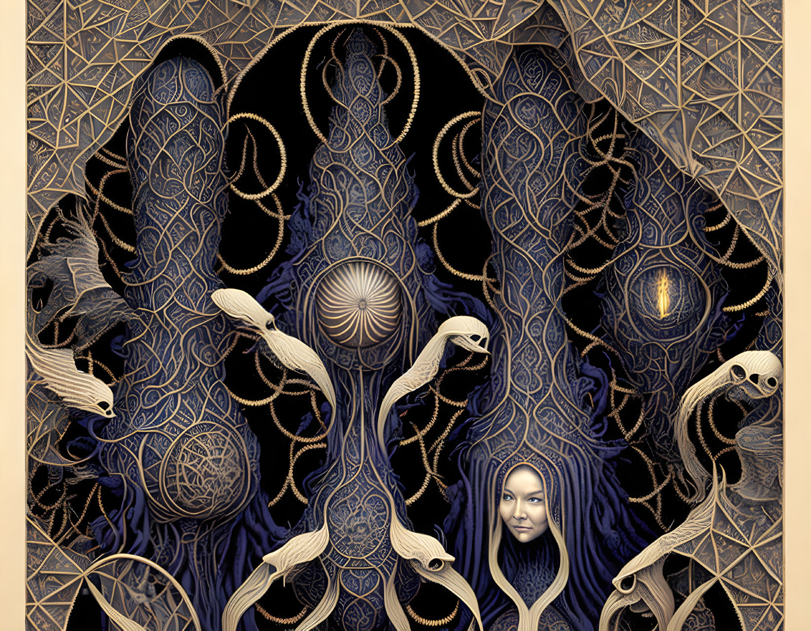 Intricate surreal art with geometric, eye motif, faces, and serpentine forms