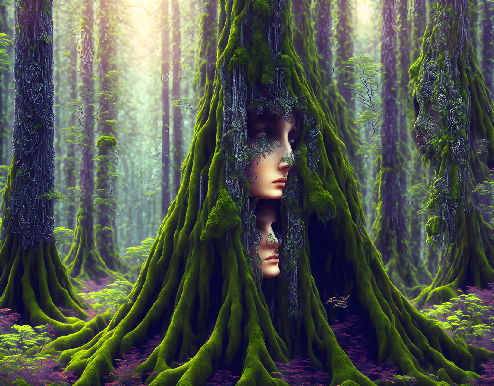 Mystical forest with intricate-faced trees and ethereal atmosphere