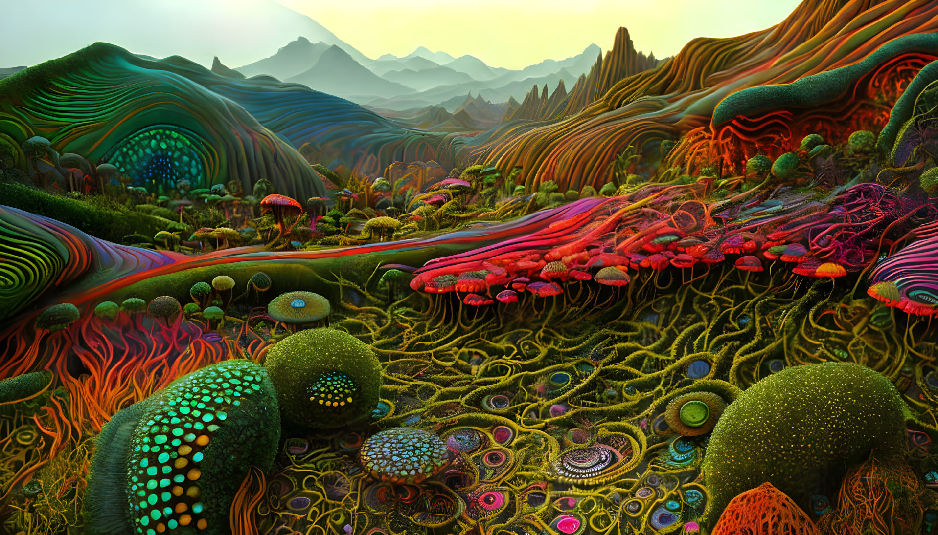 Colorful surreal landscape with undulating hills and alien-like terrain