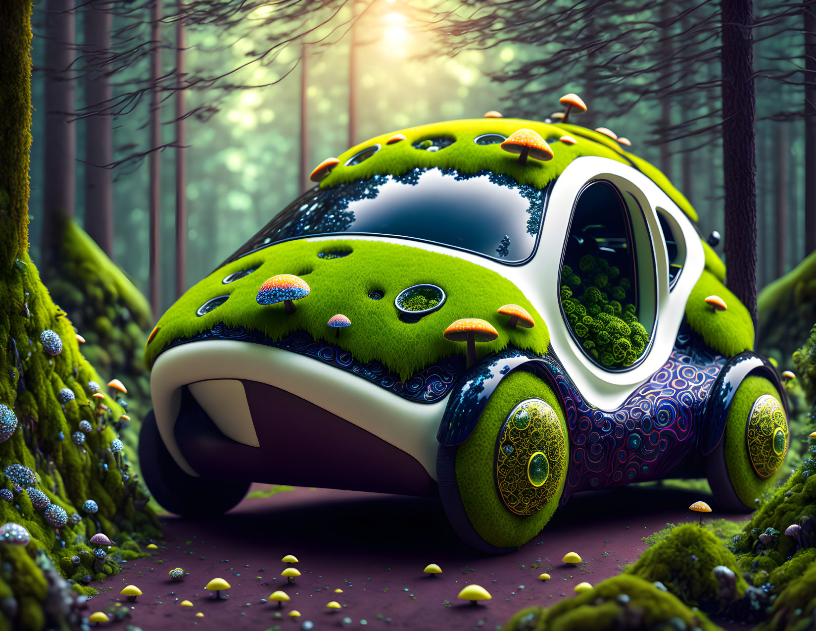 Frog-themed car in magical forest with moss and mushrooms