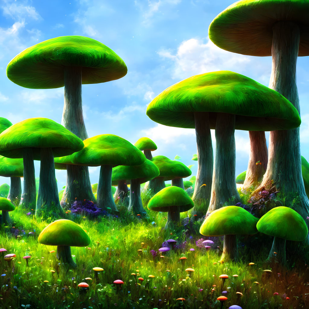 Lush Fantasy Forest with Giant Green Mushrooms