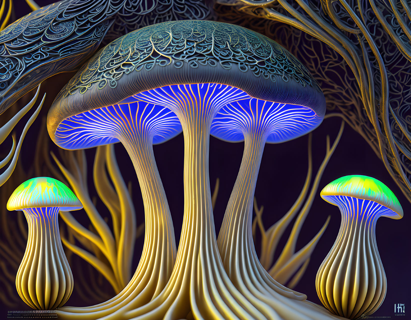 Colorful digital artwork: Stylized mushrooms with glowing stems and intricate caps.