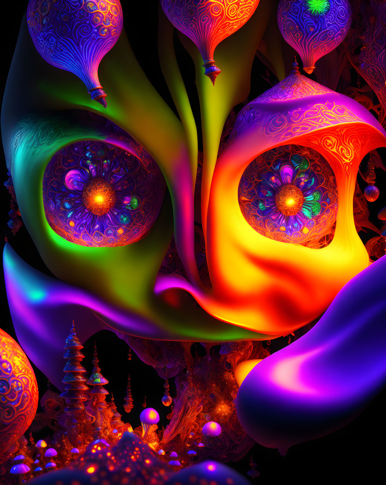 Colorful Neon Fractal Art with Surreal Landscape