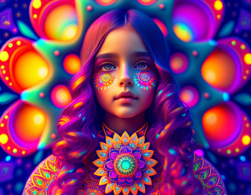 Colorful Face Paint Girl in Surreal Psychedelic Setting