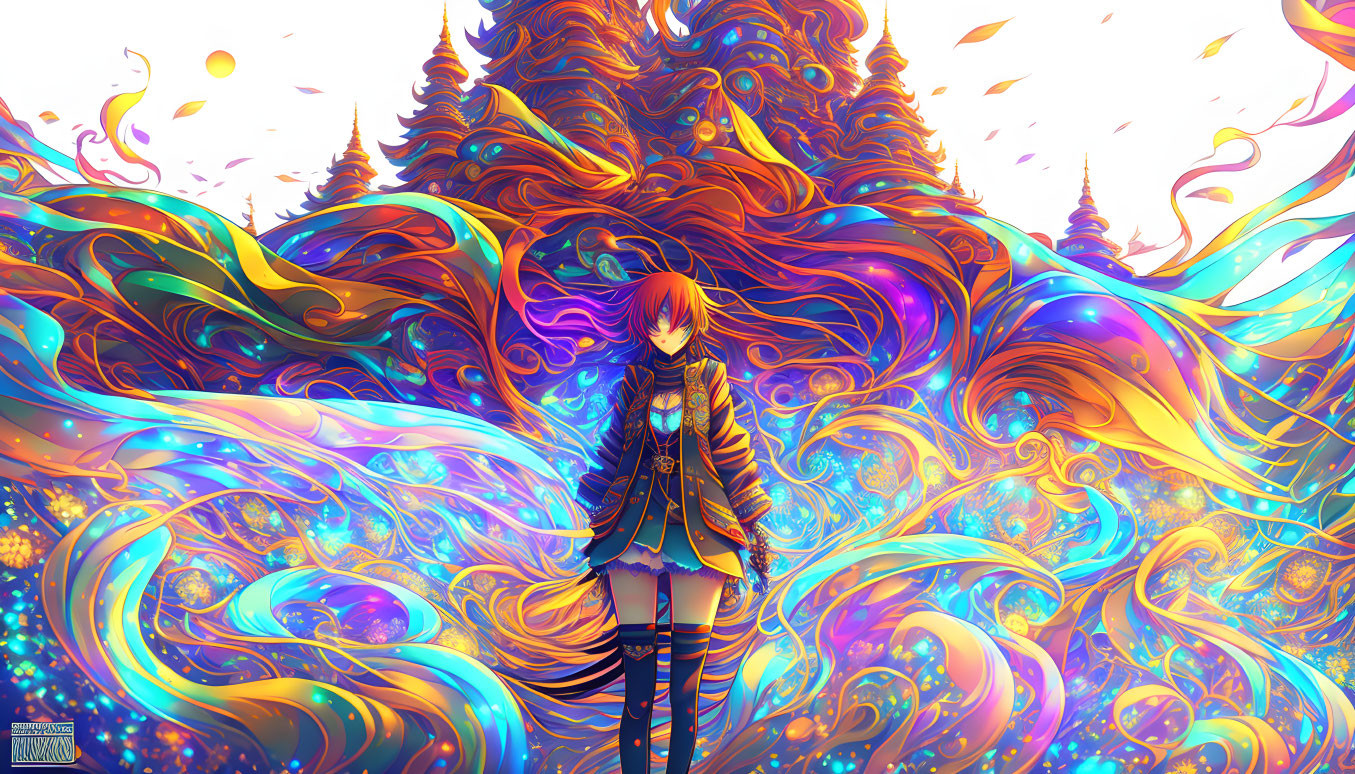 Colorful Anime Character with Long Hair in Whimsical Autumn Setting