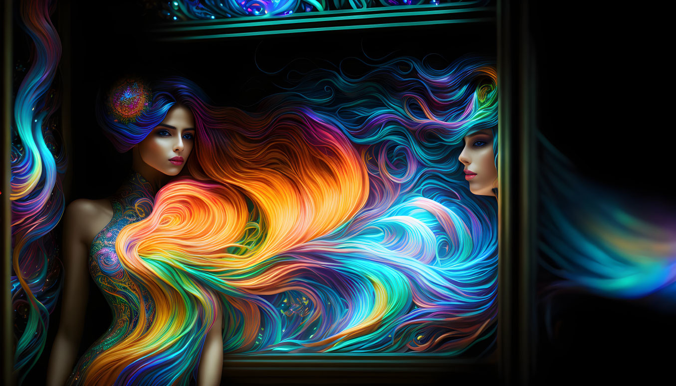 Colorful digital artwork: Two women with multicolored hair in abstract patterns